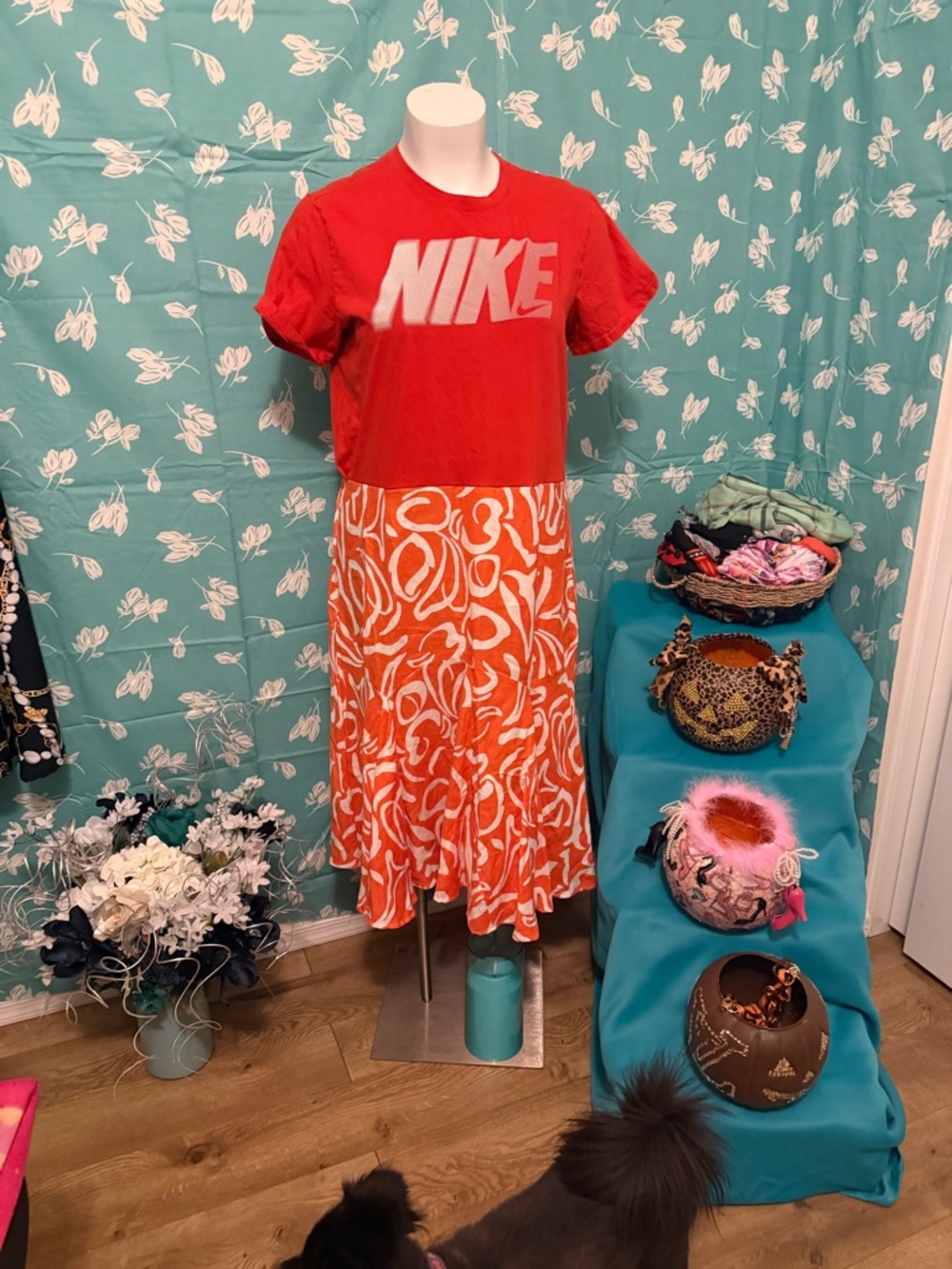 Nike Red Graphic Tee with Orange Swirl Skirt